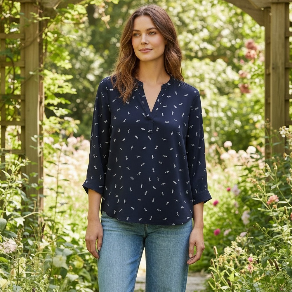 Daniel Rainn S Top Navy Blue Print Split Neck Boho‎ Coastal Casual Office Flowy